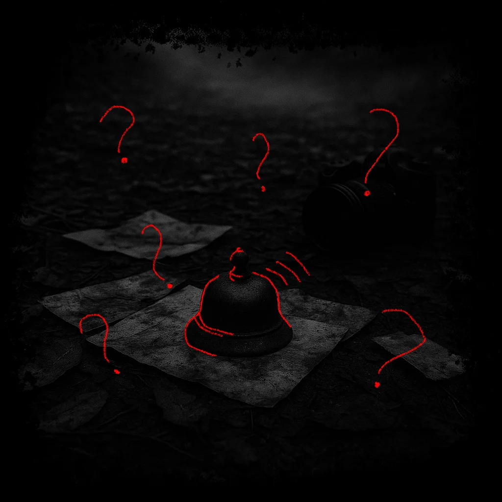 Imagem de um sino e uma câmera em cima de uns papéis jogados ao chão